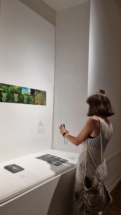 Image of Visitor observing the work by Anna Samoilovych, made of personal photo documentation (craft paper vase, plants), from Kyiv