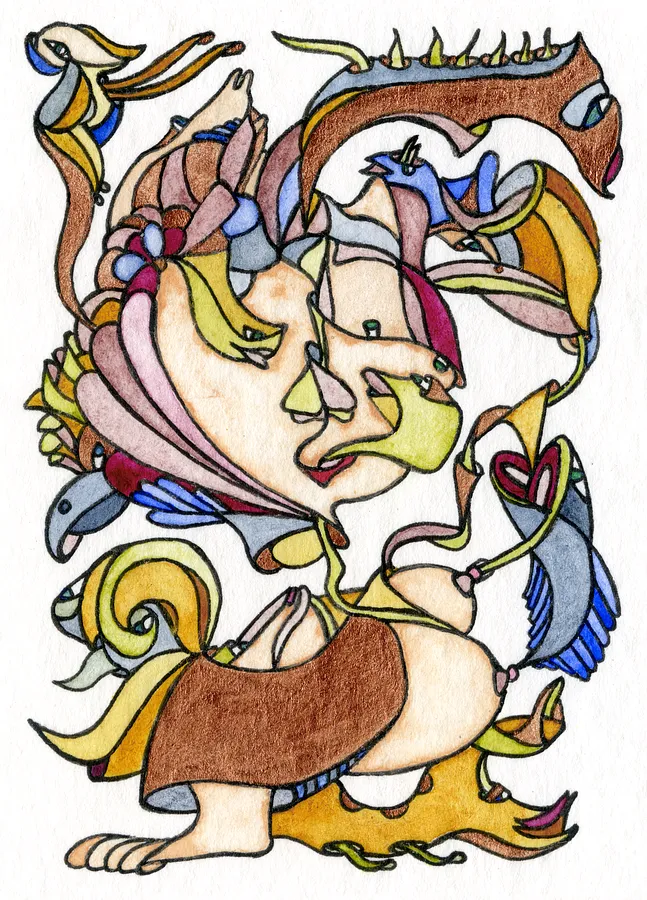 Image of Iron Mother by Anna Samoilovych, size: 8.9х6.4 cm, made of Paper, liner, watercolor, Graphics medium, from Amsterdam, part of the Mysterious Entanglements series, priced at €70