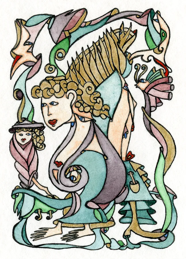 Image of Under the Watch of the Godmother by Anna Samoilovych, size: 8.9х6.4 cm, made of Paper, liner, watercolor, Graphics medium, from Amsterdam, part of the Mysterious Entanglements series, priced at €70