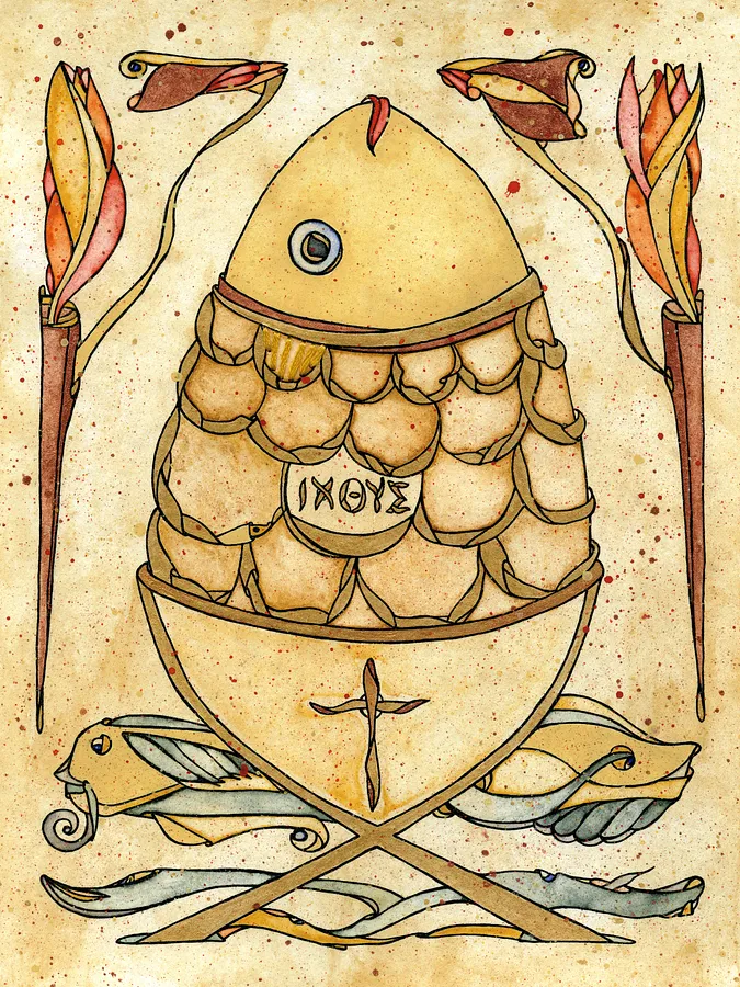 Image of Archaeology of Faith: The Form of Beginning by Anna Samoilovych, size: 24х18 cm, made of Paper, liner, watercolor, mouline threads, Graphics medium, from Amsterdam, part of the Happy Easter! series, priced at €250