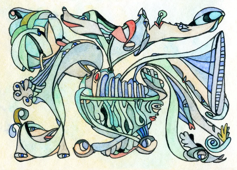 Image of Cart of Illusions Albert Heijn by Anna Samoilovych, size: 6.4х8.9 cm, made of Paper, liner, watercolor, Graphics medium, from Amsterdam, part of the Mysterious Entanglements series, priced at €70