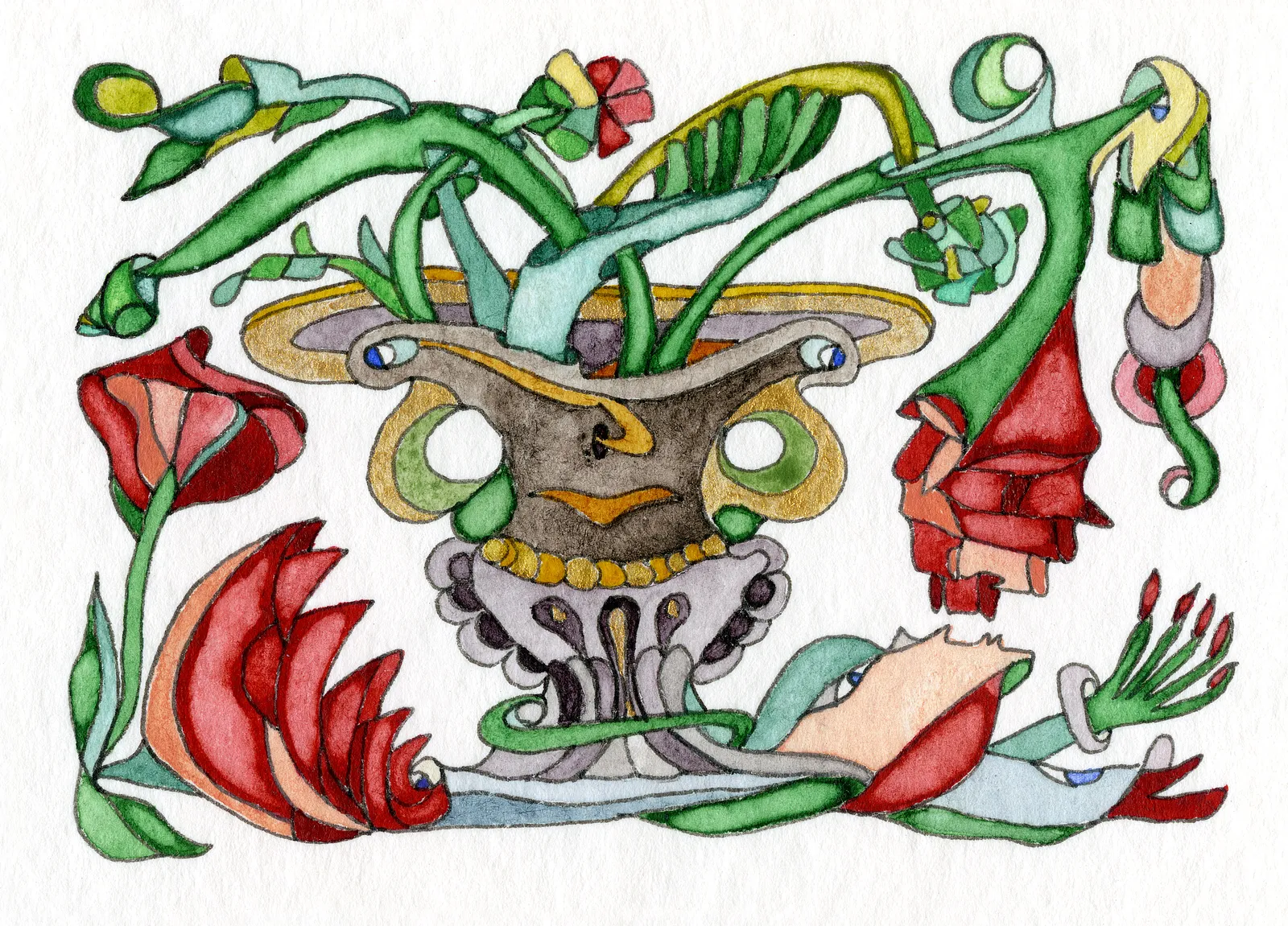 Image of The Vase That Wears a Necklace by Anna Samoilovych, size: 6.4х8.9 cm, made of Paper, liner, watercolor, Graphics medium, from Amsterdam, part of the Mysterious Entanglements series, priced at €70 (≈ 3,645 грн)