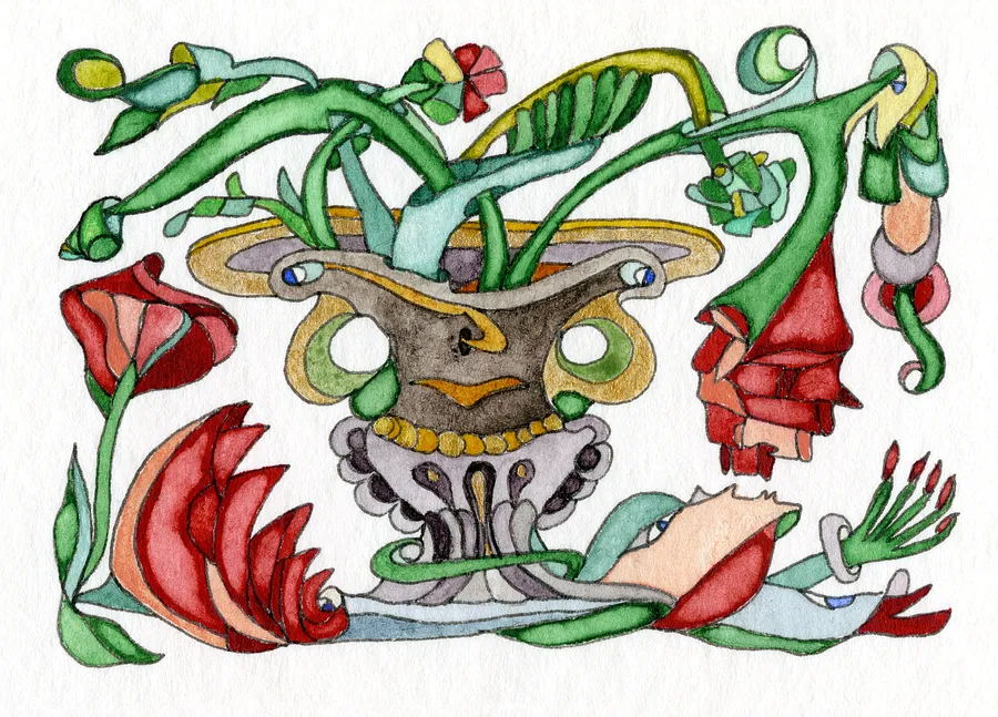 Image of The Vase That Wears a Necklace by Anna Samoilovych, size: 6.4х8.9 cm, made of Paper, liner, watercolor, Graphics medium, from Amsterdam, part of the Mysterious Entanglements series, priced at €70