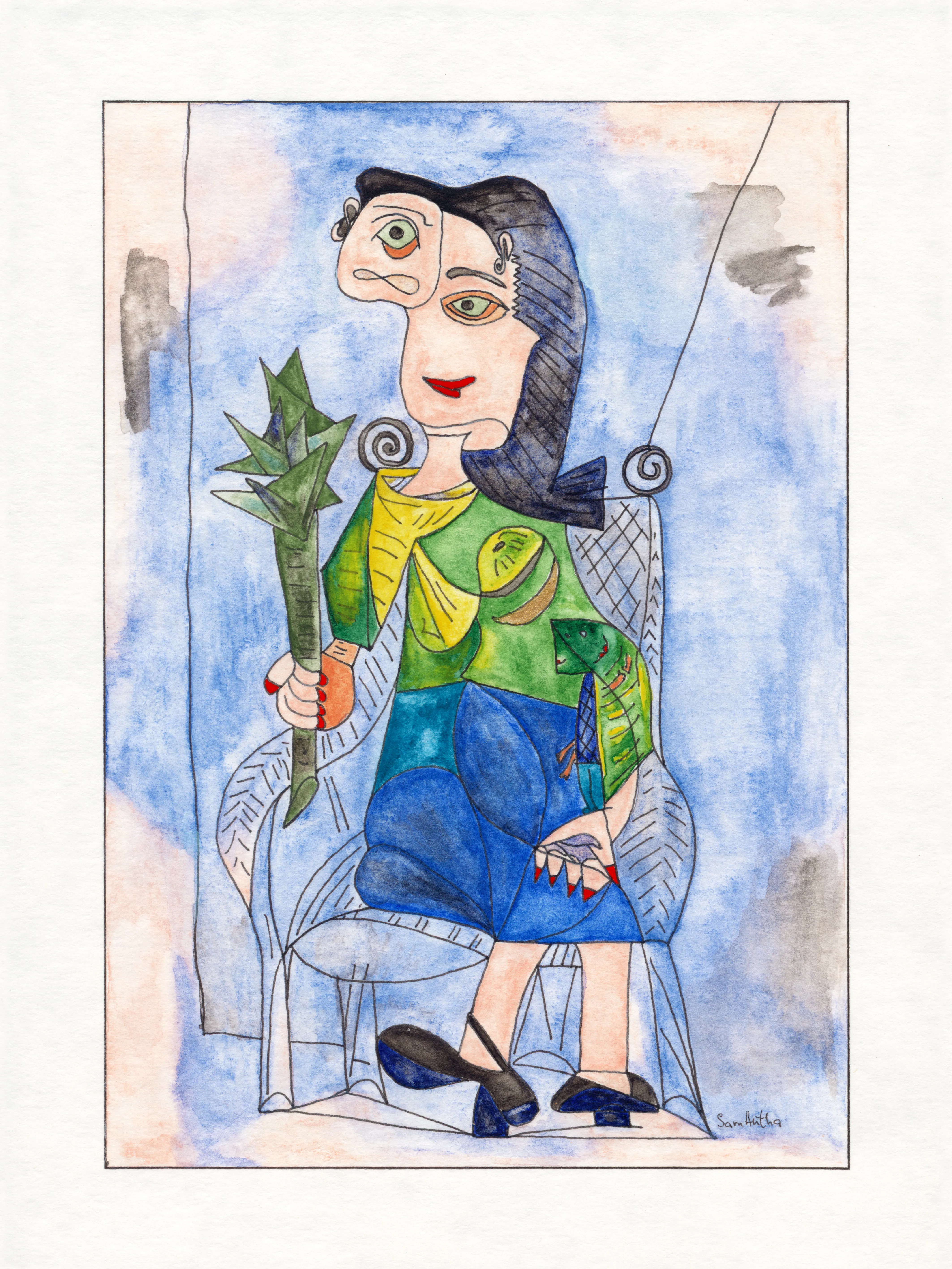 Image of Based on Pablo Picasso (Woman with Artichoke), Homage by Anna Samoilovych, size: 24х18 cm, made of Paper, liner, watercolor, Graphics medium, from Kyiv, part of the 18*24 series, priced at €250
