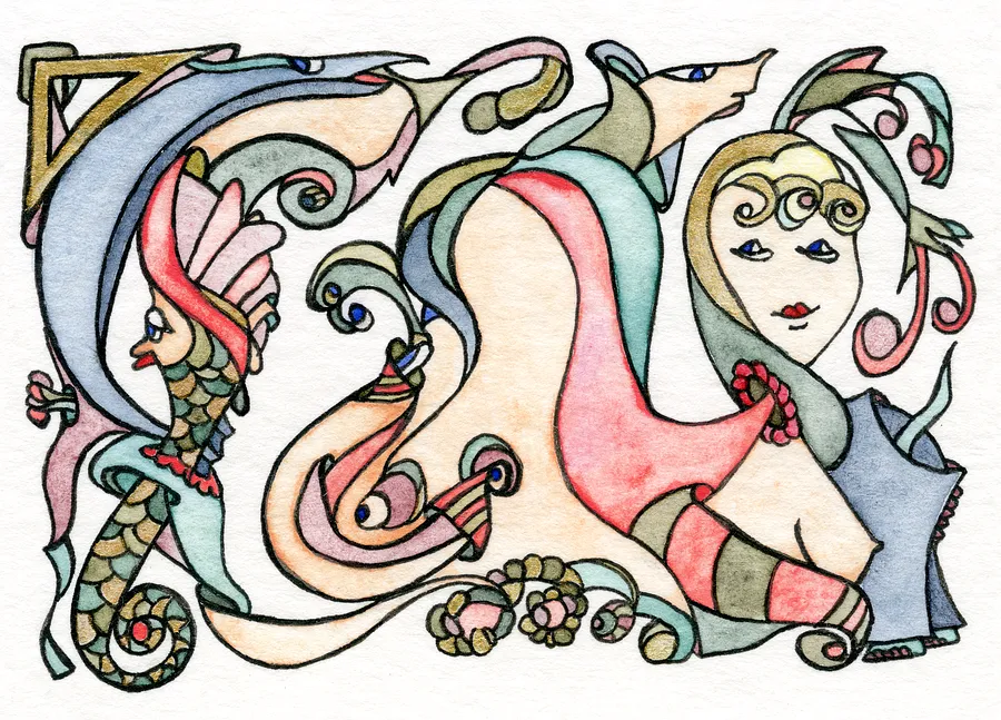 Image of Muse for the Seahorse by Anna Samoilovych, size: 6.4х8.9 cm, made of Paper, liner, watercolor, Graphics medium, from Amsterdam, part of the Mysterious Entanglements series, priced at €70