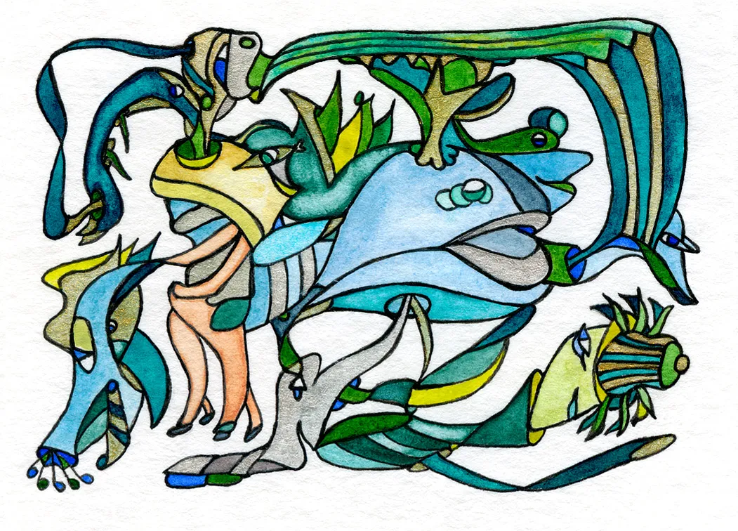 Image of Chaotic Dolphinarium by Anna Samoilovych, size: 6.4х8.9 cm, made of Paper, liner, watercolor, Graphics medium, from Kyiv, part of the Mysterious Entanglements series, priced at €70 (≈ 3,588 грн) Photo 1 of 2.