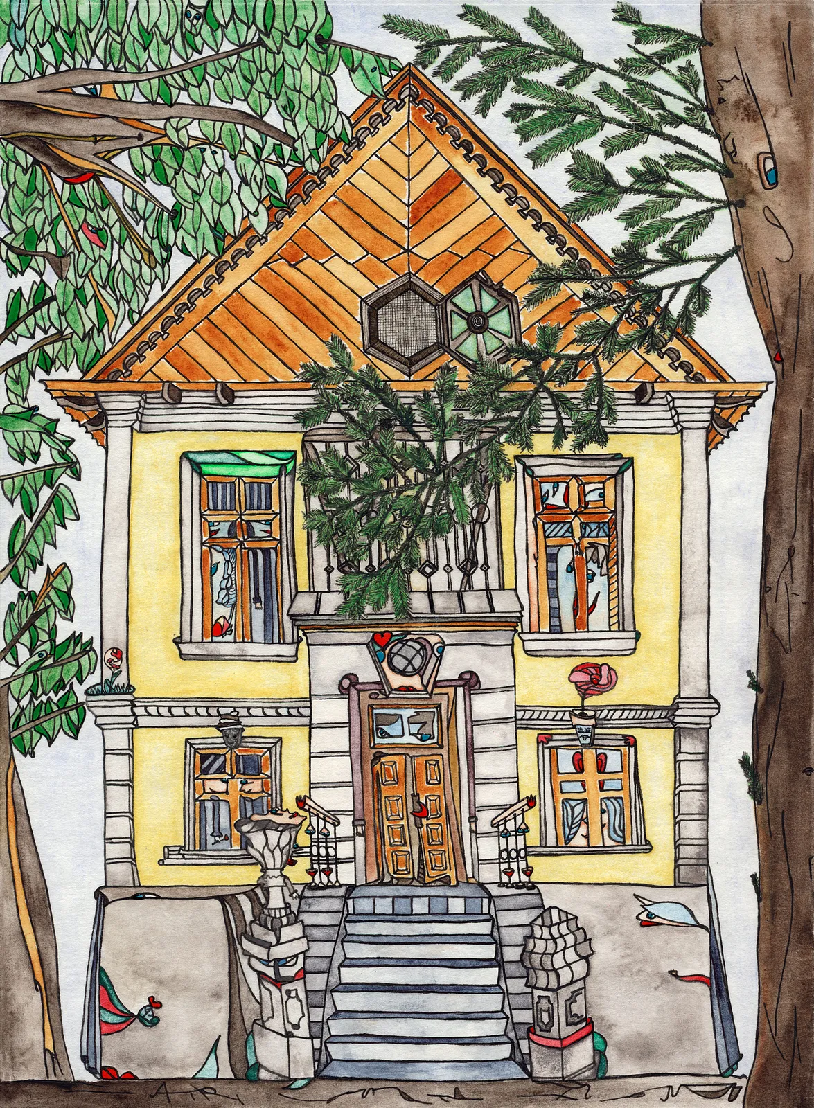 Image of Manoir by Anna Samoilovych, size: 28.6х21 cm, made of paper, liner, watercolor, gel pens, Graphics medium, from Kyiv, part of the Plein Air series, priced at €300 (≈ 15,621 грн) Photo 1 of 2.