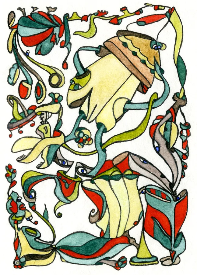 Image of Mushroom Guide by Anna Samoilovych, size: 8.9х6.4 cm, made of Paper, liner, watercolor, Graphics medium, from Kyiv, part of the Mysterious Entanglements series, priced at €70 (≈ 3,588 грн)