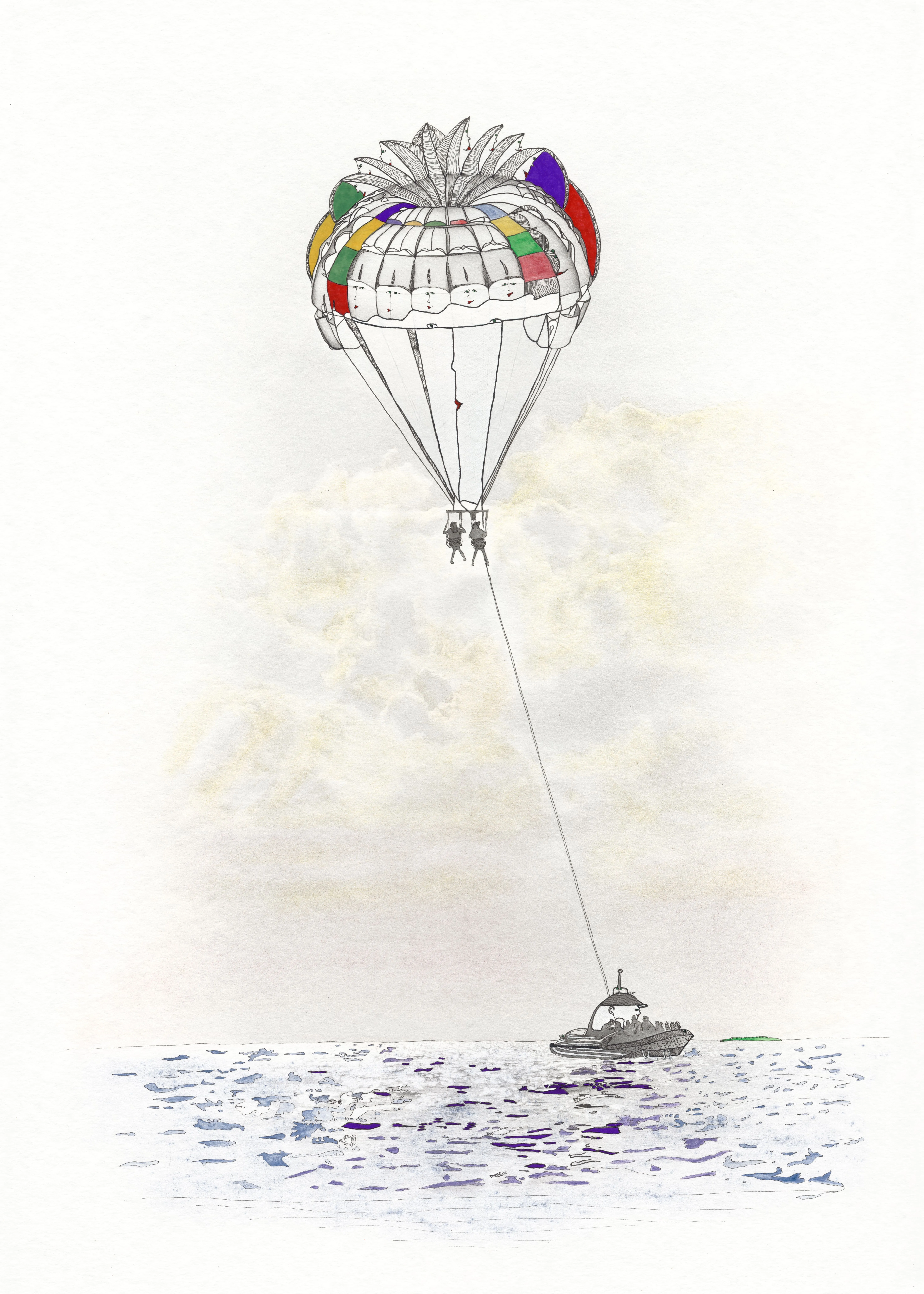 Image of Walking in the Air by Anna Samoilovych, size: 70х50 cm, made of photo print based on the artist’s own photo on paper, liner, watercolor, gel pens, pastels, gouache varnish, Graphics medium, from Kyiv, part of the Ode to Joy series, priced at €250
