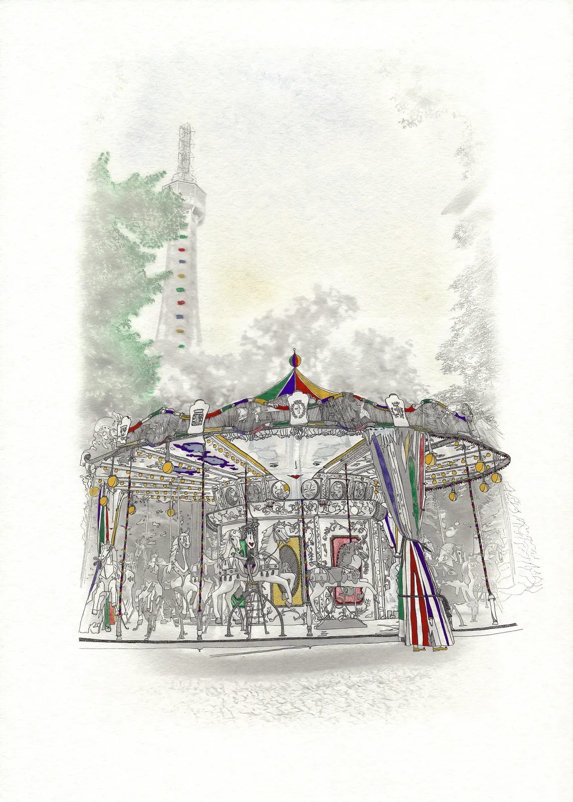 Image of French carousel in Prague by Anna Samoilovych, size: 70х50 cm, made of photo print based on the artist’s own photo on paper, liner, watercolor, gel pens, pastels, gouache varnish, Graphics medium, from Kyiv, part of the Ode to Joy series, priced at €250 (≈ 13,017 грн)