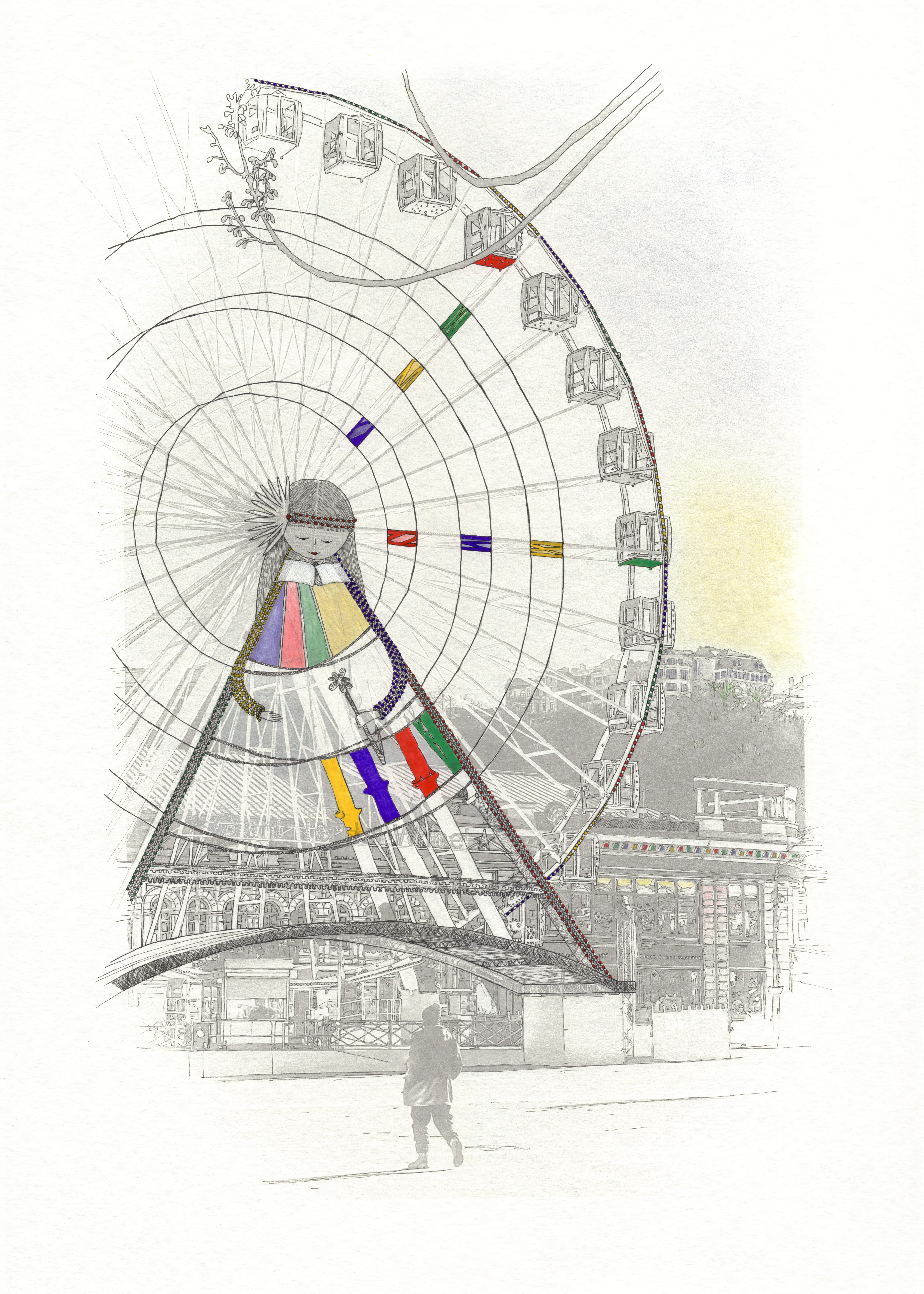 Image of Podolyanochka by Anna Samoilovych, size: 70х50 cm, made of photo print based on the artist’s own photo on paper, liner, watercolor, gel pens, pastels, gouache varnish, Graphics medium, from Kyiv, part of the Ode to Joy series, priced at €250