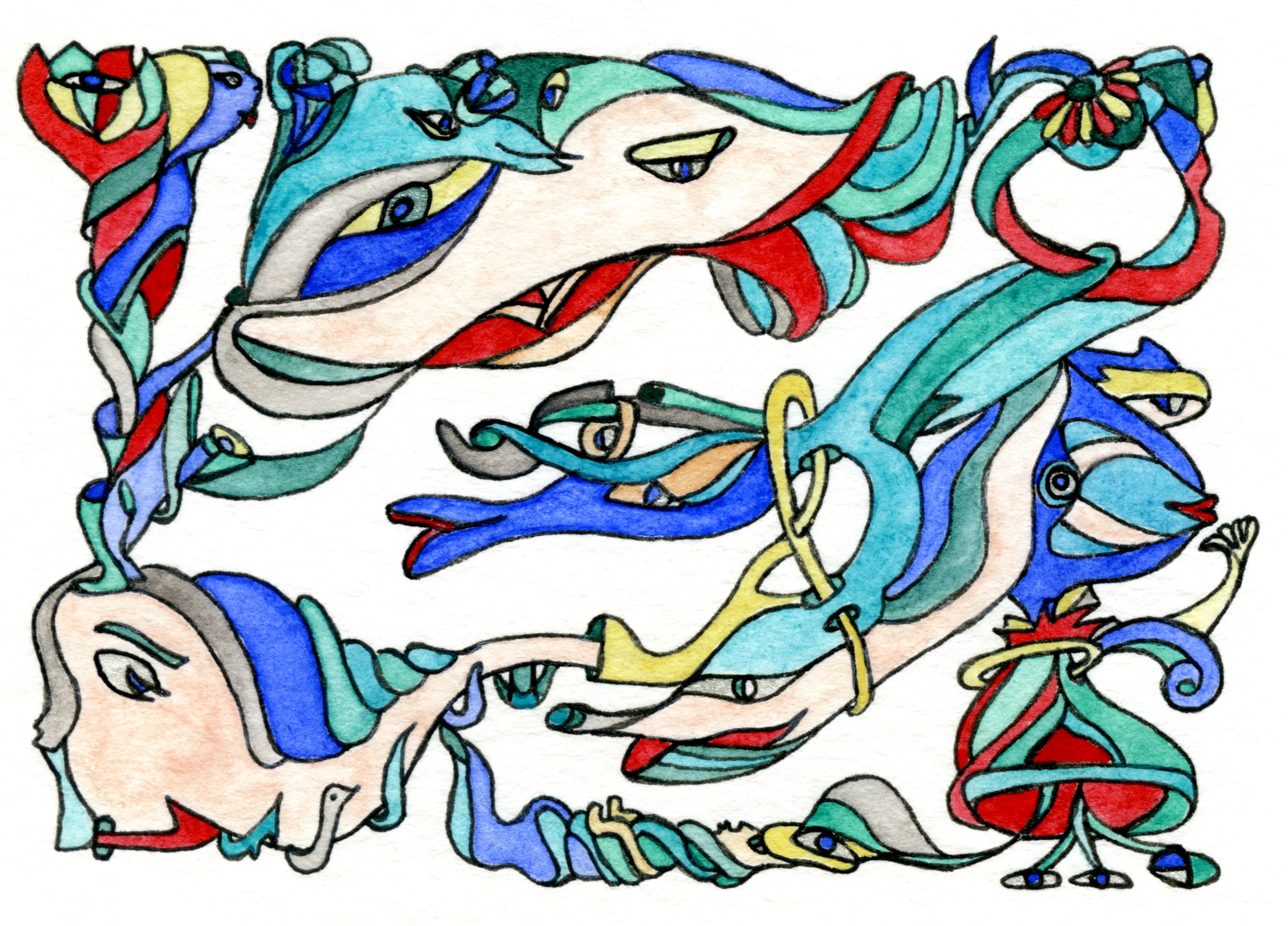 Image of Red in the Heart of Blue Bloom by Anna Samoilovych, size: 6.4х8.9 cm, made of paper, liner, watercolor, Graphics medium, from Amsterdam, part of the Mysterious Entanglements series, priced at €60