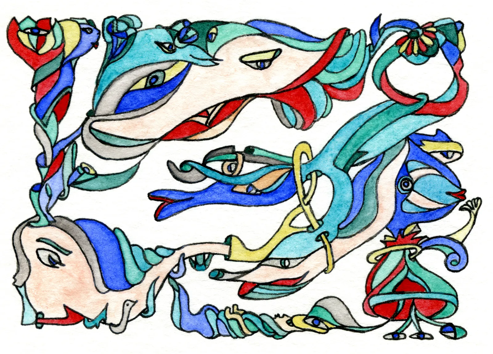 Image of Red in the Heart of Blue Bloom by Anna Samoilovych, size: 6.4х8.9 см, made of paper, liner, watercolor, Graphics medium, from Amsterdam, part of the Mysterious Entanglements series, priced at €70 (≈ 3,645 грн)