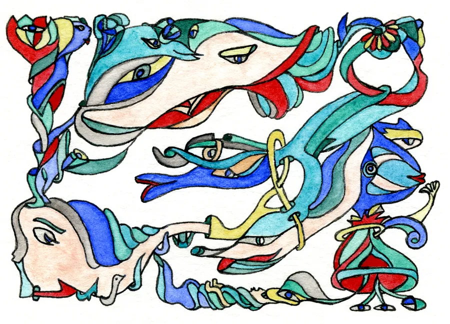 Image of Red in the Heart of Blue Bloom by Anna Samoilovych, size: 6.4х8.9 cm, made of paper, liner, watercolor, Graphics medium, from Amsterdam, part of the Mysterious Entanglements series, priced at €60