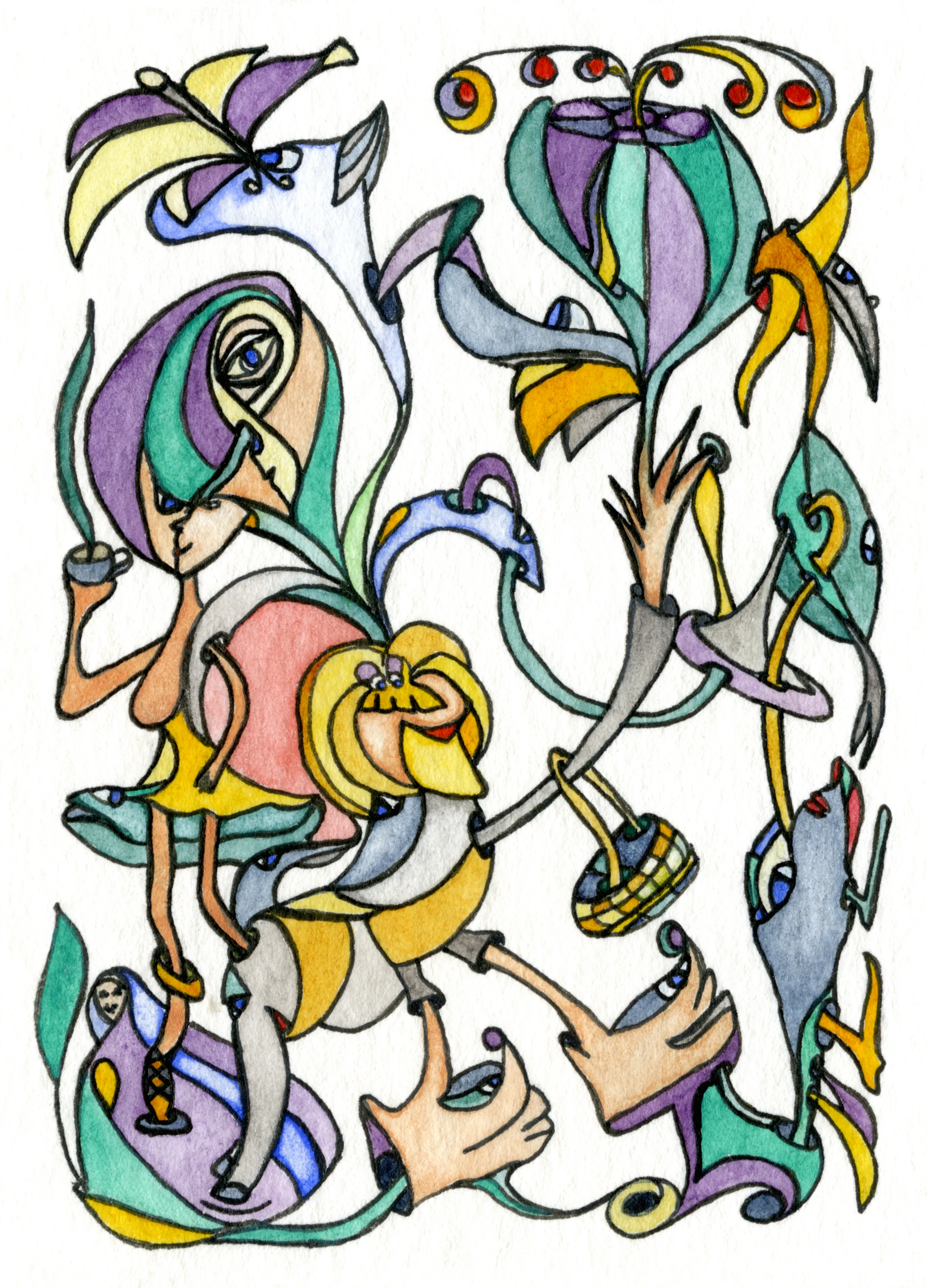 Image of The Lion's Corps de Ballet by Anna Samoilovych, size: 8.9х6.4 cm, made of Paper, liner, watercolor, Graphics medium, from Amsterdam, part of the Mysterious Entanglements series, priced at €60