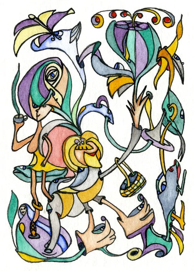 Image of The Lion's Corps de Ballet by Anna Samoilovych, size: 8.9х6.4 cm, made of Paper, liner, watercolor, Graphics medium, from Amsterdam, part of the Mysterious Entanglements series, priced at €60