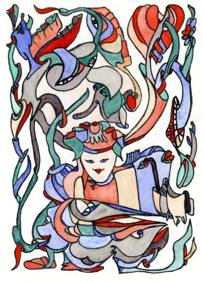Image of Lady in the Embrace of Nature's Heart by Anna Samoilovych, size: 8.9х6.4 cm, made of Paper, liner, watercolor, Graphics medium, from Amsterdam, part of the Mysterious Entanglements series, priced at €60