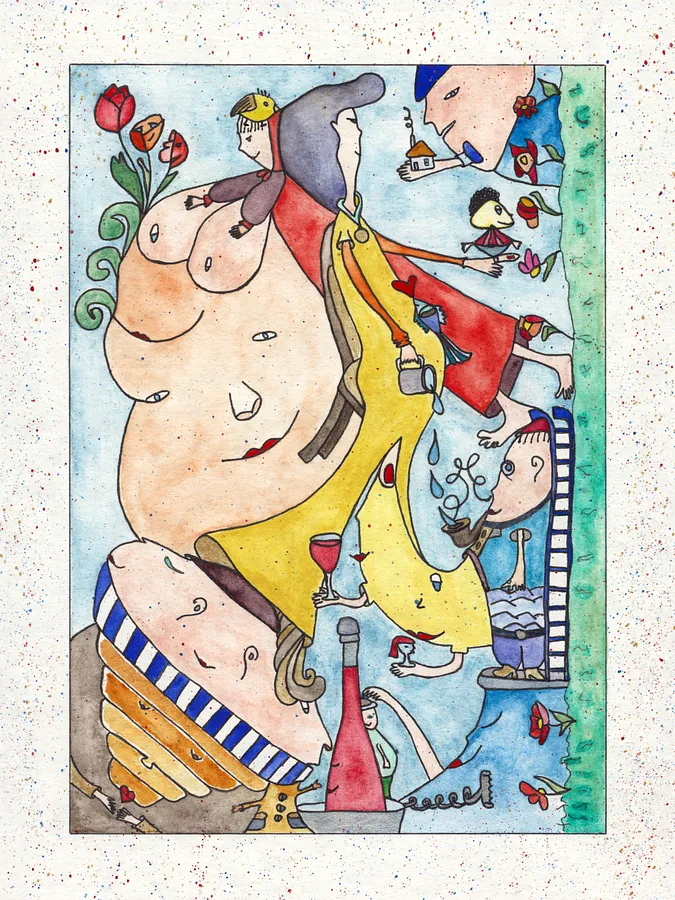 Image of Fun on the lawn by Anna Samoilovych, size: 24х18 cm, made of Paper, liner, watercolor, Graphics medium, from Amsterdam, part of the 18*24 series, priced at €200