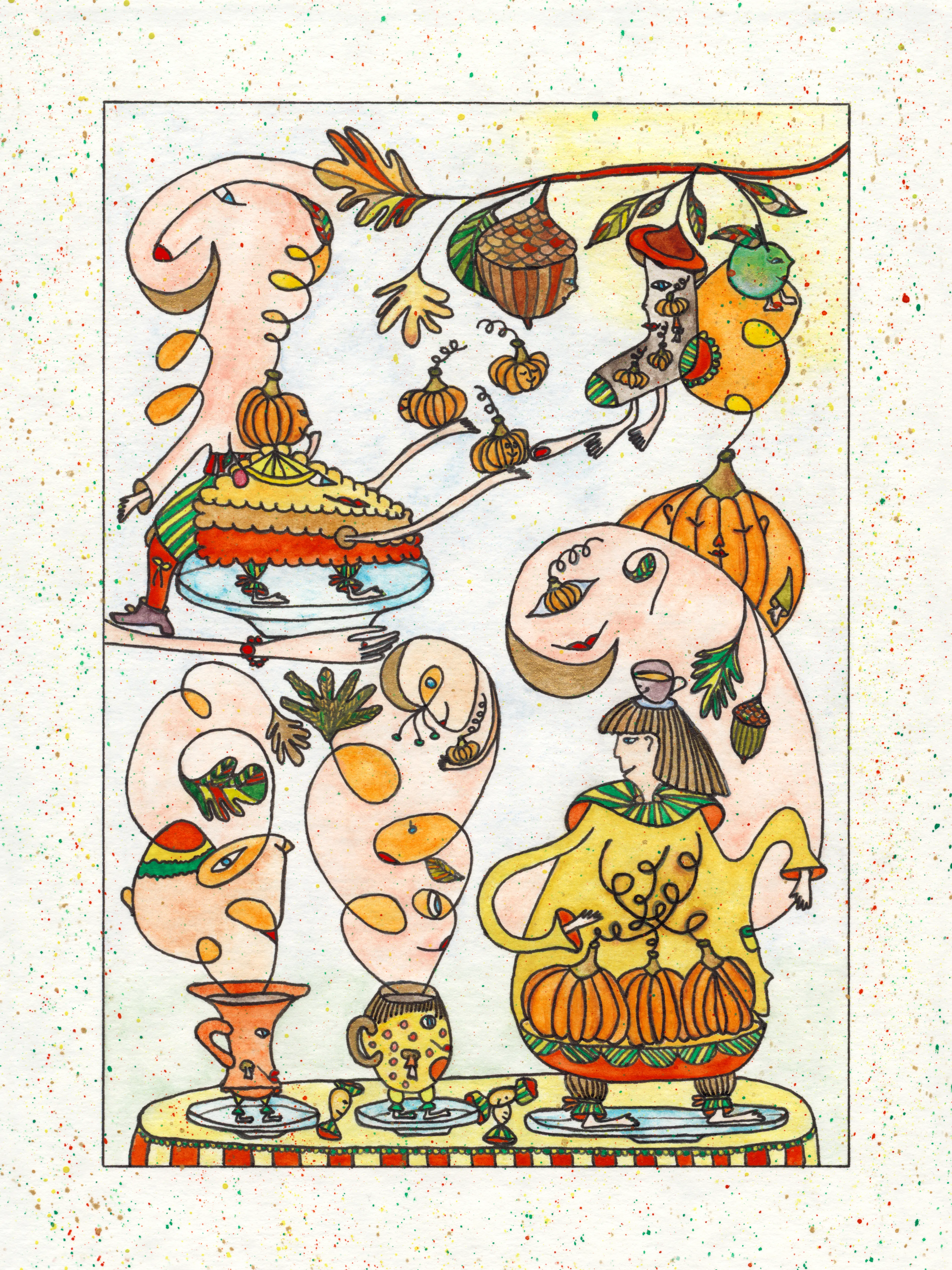 Image of Autumn brunch by Anna Samoilovych, size: 24х18 cm, made of Paper, liner, watercolor, Graphics medium, from Amsterdam, part of the 18*24 series, priced at €190