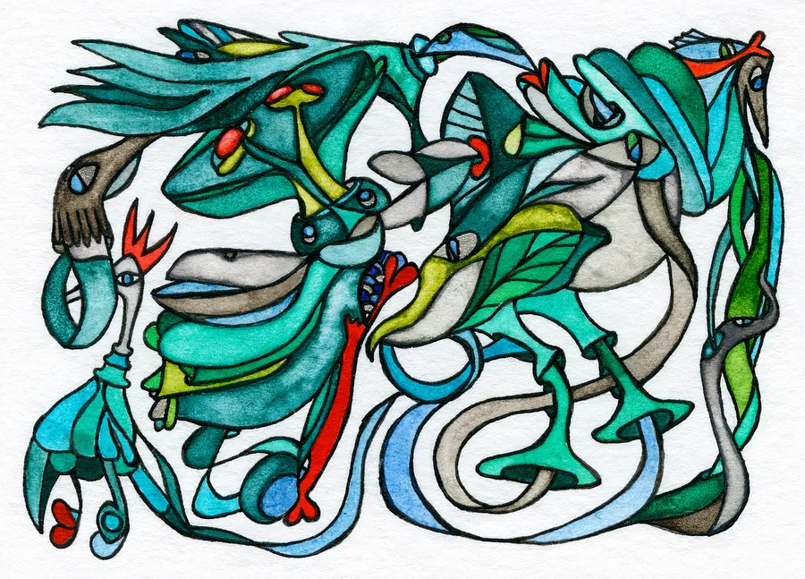 Image of Green Snake by Anna Samoilovych, size: 6.4х8.9 cm, made of Paper, liner, watercolor, Graphics medium, from Amsterdam, part of the Mysterious Entanglements series, priced at €60