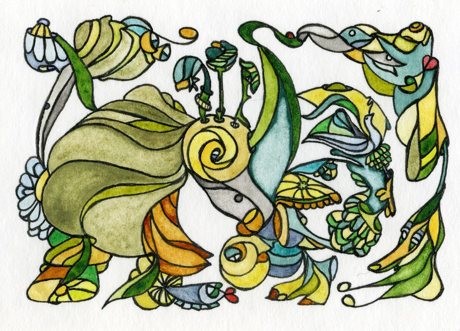 Image of Rhino from a Seashell by Anna Samoilovych, size: 6.4х8.9 cm, made of Paper, liner, watercolor, Graphics medium, from Kyiv, part of the Mysterious Entanglements series, priced at €70 (≈ 3,645 грн)