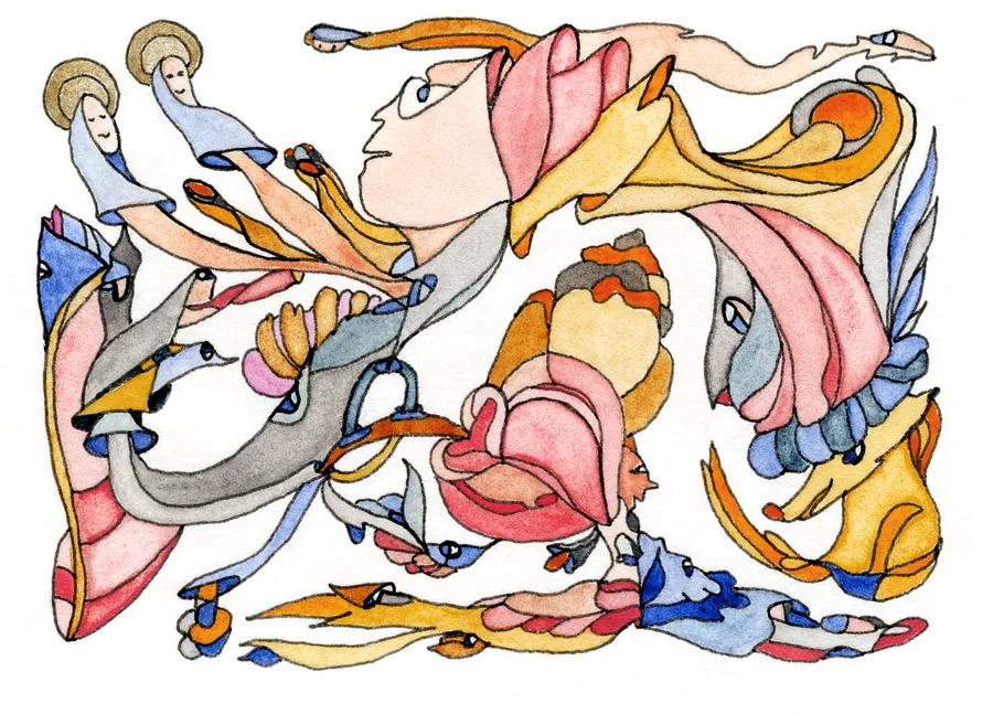 Image of The Holy Creators by Anna Samoilovych, size: 6.4х8.9 cm, made of Paper, liner, watercolor, Graphics medium, from Amsterdam, part of the Mysterious Entanglements series, priced at €60