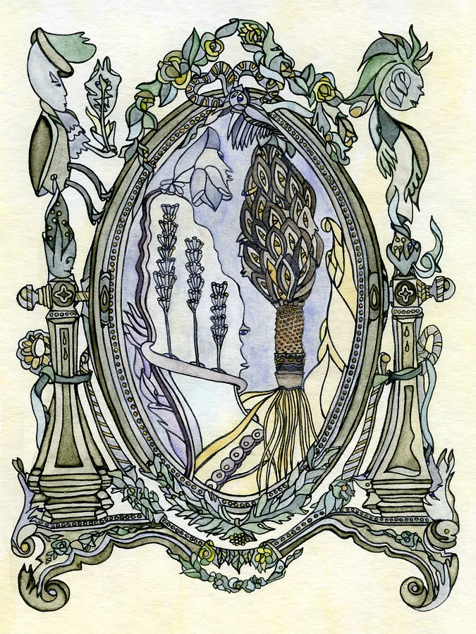 Image of Enchanted Garden Through the Looking-Glass Frame by Anna Samoilovych, size: 24х18 cm, made of Paper, liner, watercolor, Graphics medium, from Amsterdam, priced at €270 (≈ 13,978 грн)