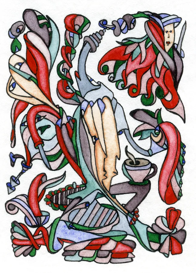 Image of Spicy Coffee for Two by Anna Samoilovych, size: 8.9х6.4 cm, made of Paper, liner, watercolor, Graphics medium, from Amsterdam, part of the Mysterious Entanglements series, priced at €70