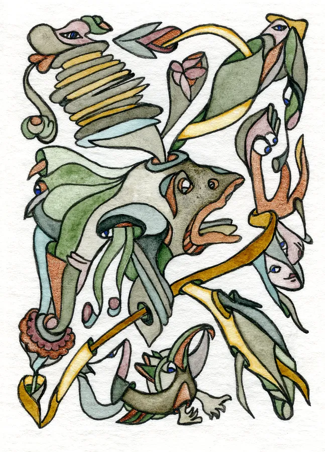 Image of The Sea Under the Trident’s Rule by Anna Samoilovych, size: 8.9х6.4 cm, made of paper, liner, watercolor, Graphics medium, from Amsterdam, part of the Mysterious Entanglements series, priced at €70