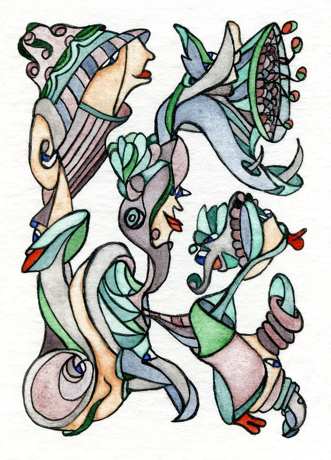 Зображення "Чепурні капелюшки епохи джазу" від Анна Самойлович, розмір: 8.9х6.4 cm, матеріали: Папір, лайнер, акварель, медіум: Графіка, місто: Амстердам, серія: Таємничі сплетіння, ціна: €70