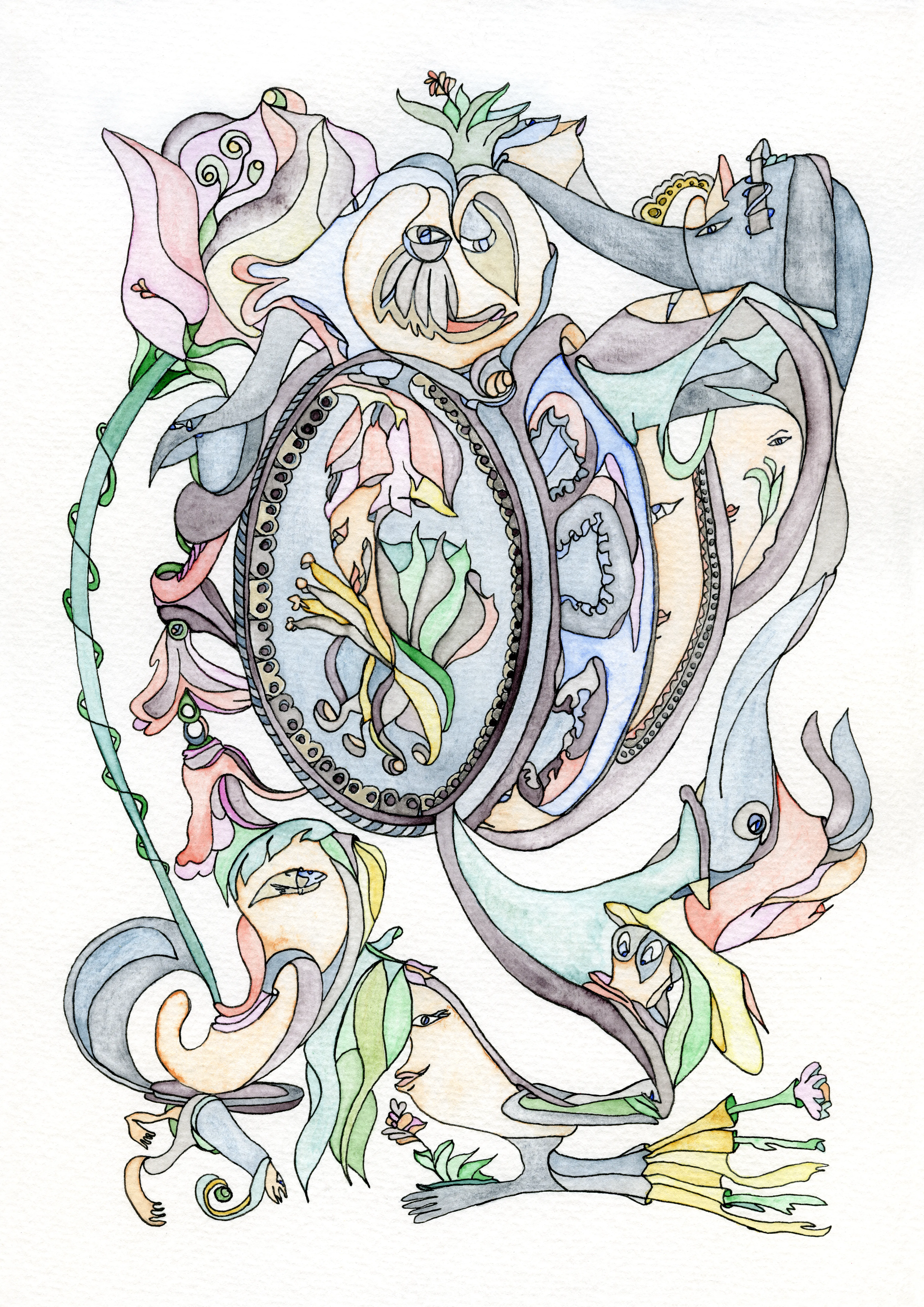 Image of Labyrinth of Reflections by Anna Samoilovych, size: 29.7х21 cm, made of paper, liner, watercolor, Graphics medium, from Amsterdam, part of the Pastel Entanglements series, priced at €300