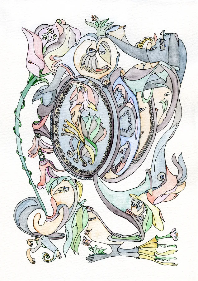 Image of Labyrinth of Reflections by Anna Samoilovych, size: 29.7х21 cm, made of paper, liner, watercolor, Graphics medium, from Amsterdam, part of the Pastel Entanglements series, priced at €300