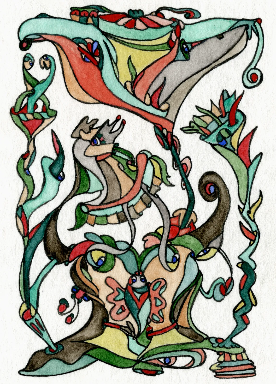 Image of Krampus under the flower by Anna Samoilovych, size: 8.9х6.4 cm, made of paper, liner, watercolor, Graphics medium, from Kyiv, part of the Mysterious Entanglements series, priced at €70 (≈ 3,645 грн)