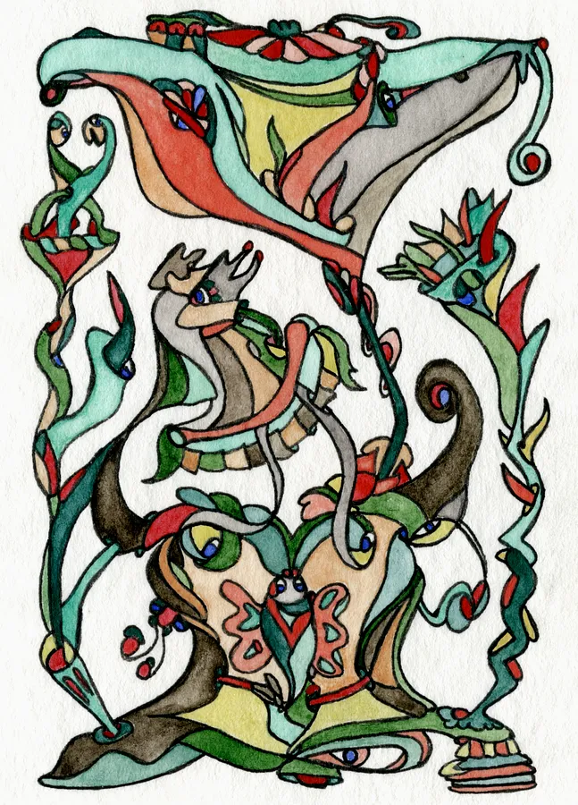 Image of Krampus under the flower by Anna Samoilovych, size: 8.9х6.4 cm, made of paper, liner, watercolor, Graphics medium, from Kyiv, part of the Mysterious Entanglements series, priced at €70