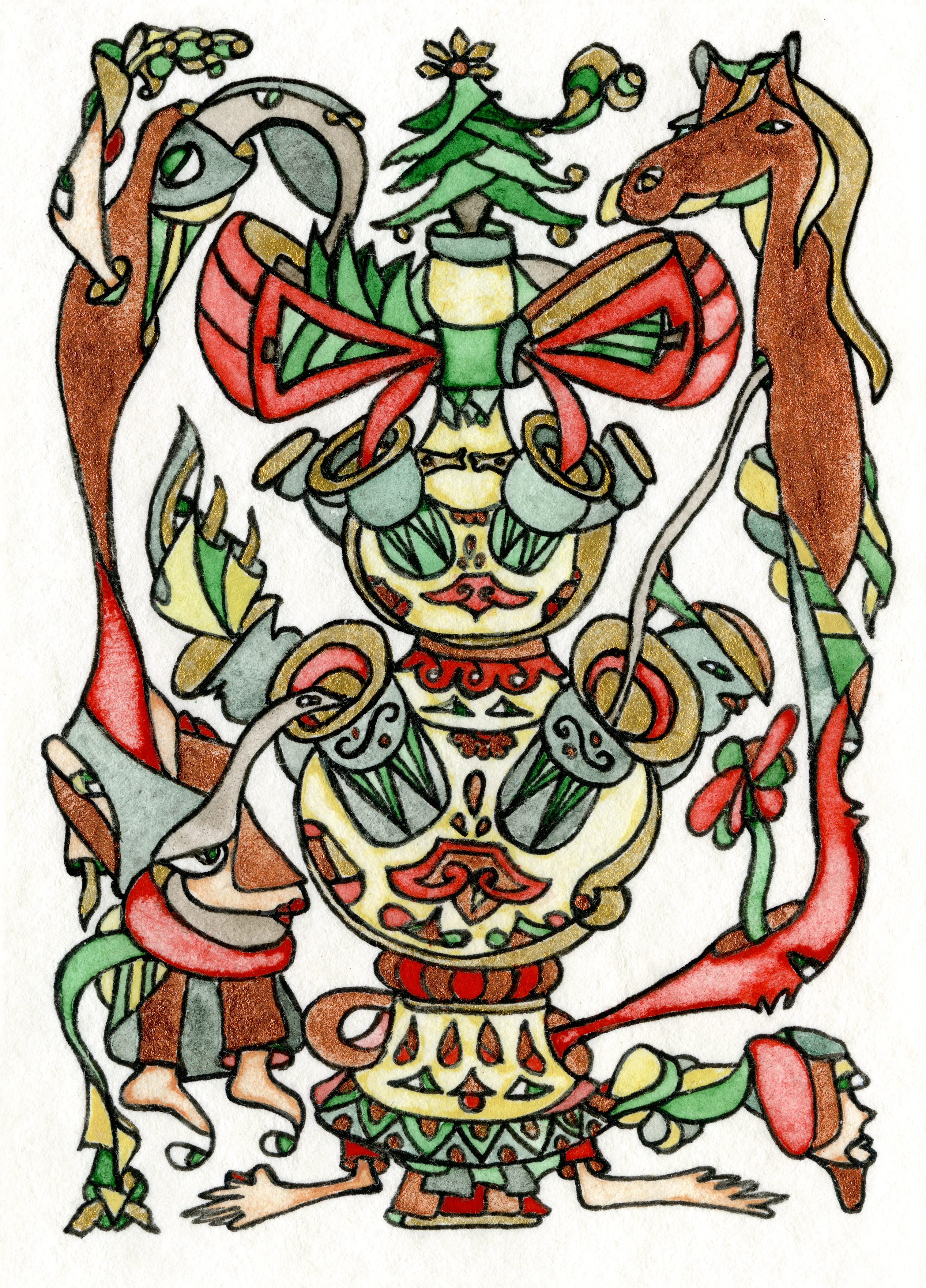 Image of New Year Construction Under a Bow by Anna Samoilovych, size: 8.9х6.4 cm, made of Paper, liner, watercolor, Graphics medium, from Amsterdam, part of the Mysterious Entanglements series, priced at €70