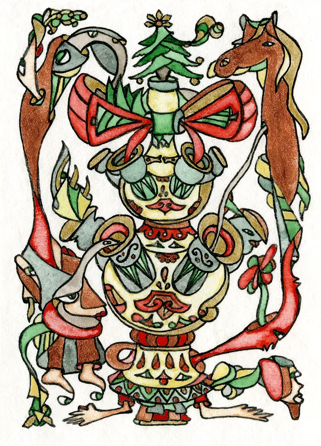 Image of New Year Construction Under a Bow by Anna Samoilovych, size: 8.9х6.4 cm, made of Paper, liner, watercolor, Graphics medium, from Amsterdam, part of the Mysterious Entanglements series, priced at €70