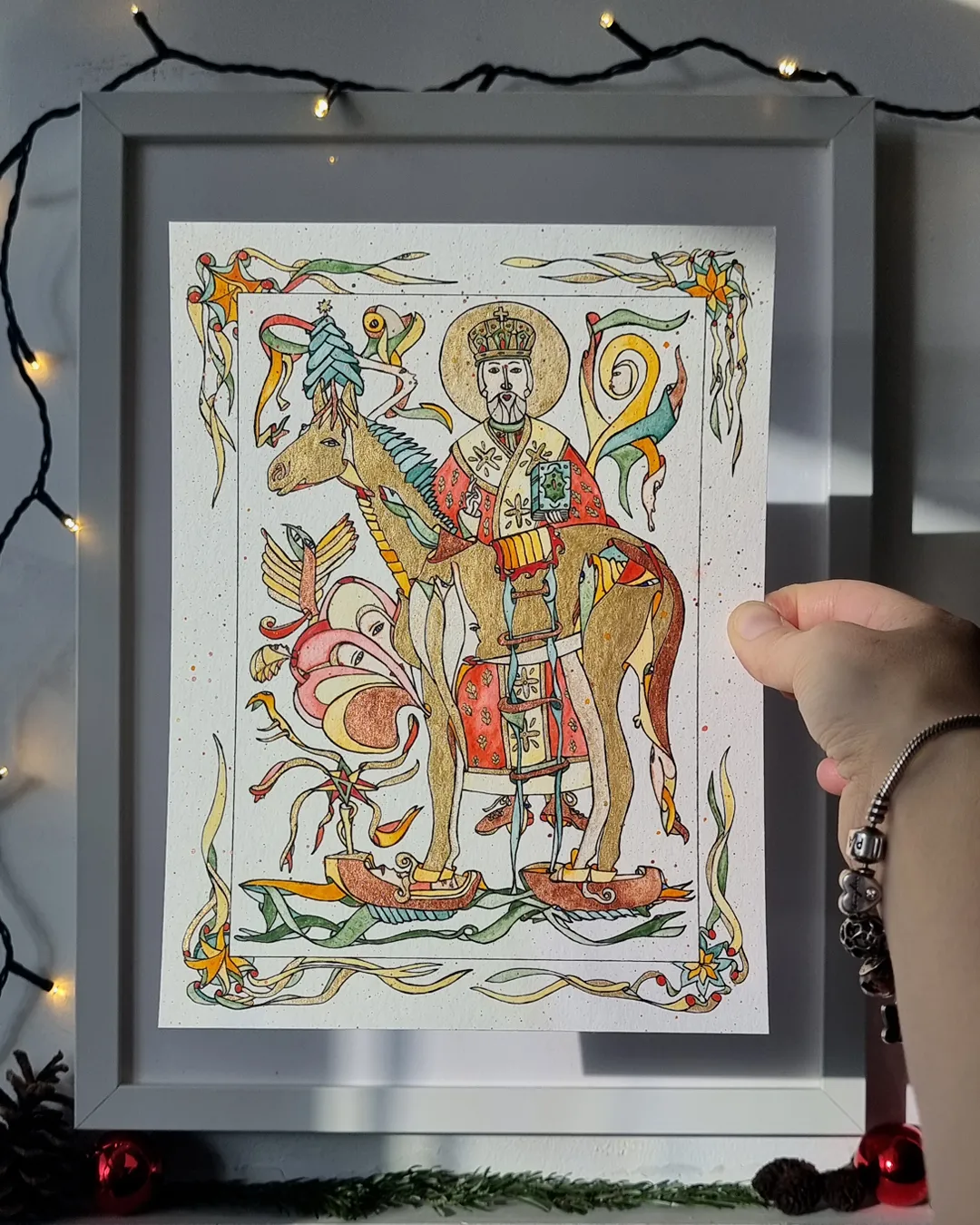 Image of A Christmas Crossing in Klompen by Anna Samoilovych, size: 24х18 cm, made of paper, liner, watercolor, Graphics medium, from Amsterdam, part of the 18*24 series, priced at €270 Photo 1 of 5.