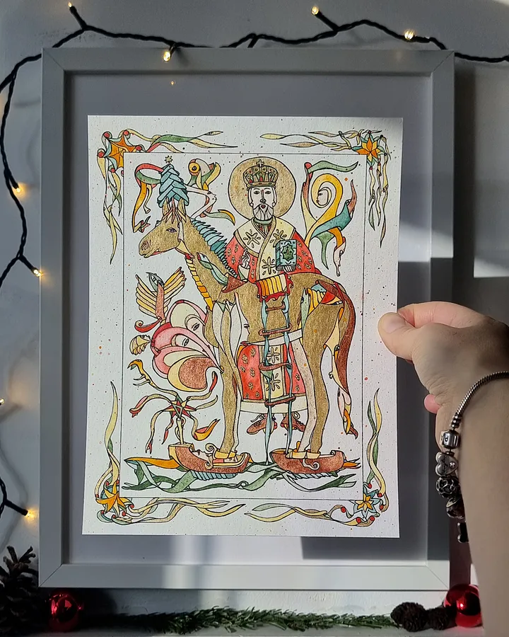 Image of A Christmas Crossing in Klompen by Anna Samoilovych, size: 24х18 cm, made of paper, liner, watercolor, Graphics medium, from Amsterdam, part of the 18*24 series, priced at €270 Photo 1 of 5.