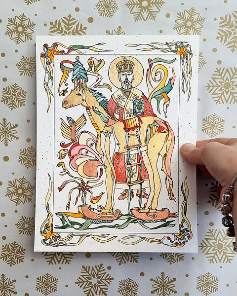 Image of A Christmas Crossing in Klompen by Anna Samoilovych, size: 24х18 cm, made of paper, liner, watercolor, Graphics medium, from Amsterdam, part of the 18*24 series, priced at €270 Photo 2 of 5.