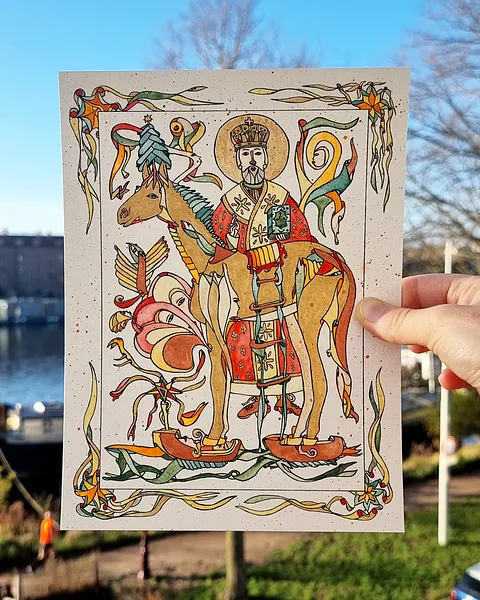 Image of A Christmas Crossing in Klompen by Anna Samoilovych, size: 24х18 cm, made of paper, liner, watercolor, Graphics medium, from Amsterdam, part of the 18*24 series, priced at €270 Photo 3 of 5.