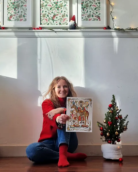 Image of A Christmas Crossing in Klompen by Anna Samoilovych, size: 24х18 cm, made of paper, liner, watercolor, Graphics medium, from Amsterdam, part of the 18*24 series, priced at €270 Photo 5 of 5.